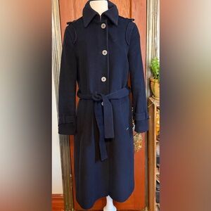 Saint James Lined Navy Blue Felted Wool Belted Long Coat Size 6